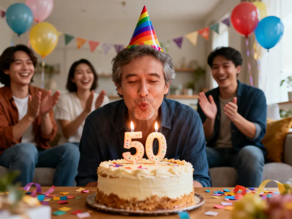 Jubilat kończący 50 lat zdmuchuje świeczki na torcie, wokół śmiejący się znajomi i kolorowe, domowe dekoracje.