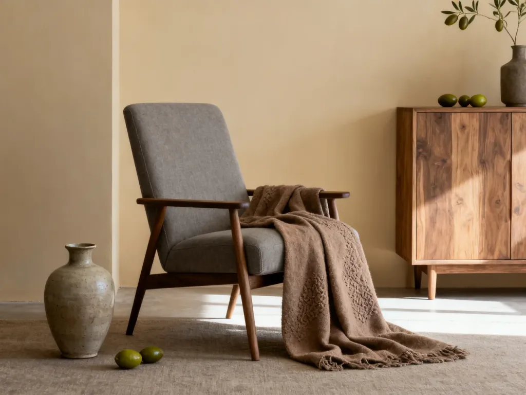 Elegancki salon w odcieniach fango z fotelem, ceramicznym wazonem i naturalnymi dodatkami w minimalistycznym stylu.