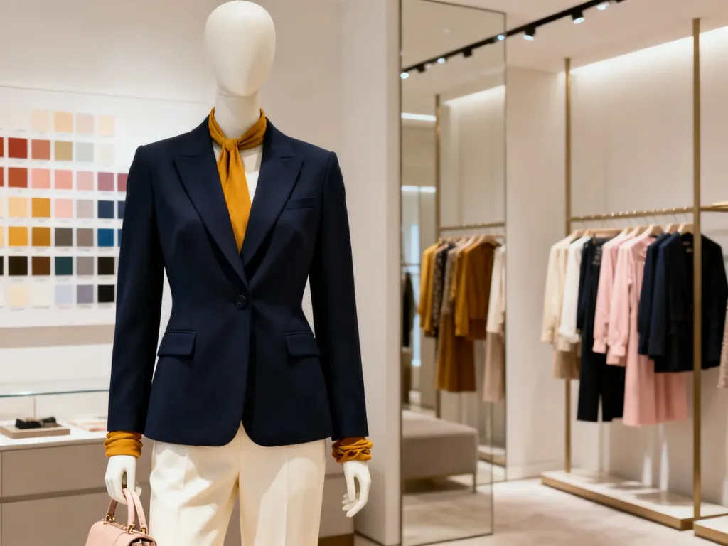 Elegancka stylizacja z granatową marynarką, kremowymi spodniami oraz dodatkami w kolorze musztardowym i pudrowego różu.