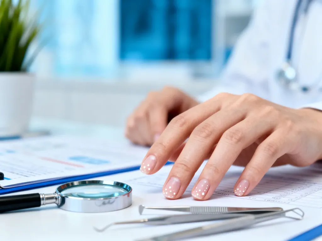Zadbana dłoń z widocznymi białymi plamkami na paznokciach oraz narzędzia dermatologiczne w gabinecie lekarskim.
