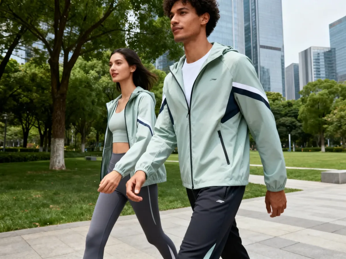 Para w wygodnych stylizacjach athleisure spacerująca po miejskim parku