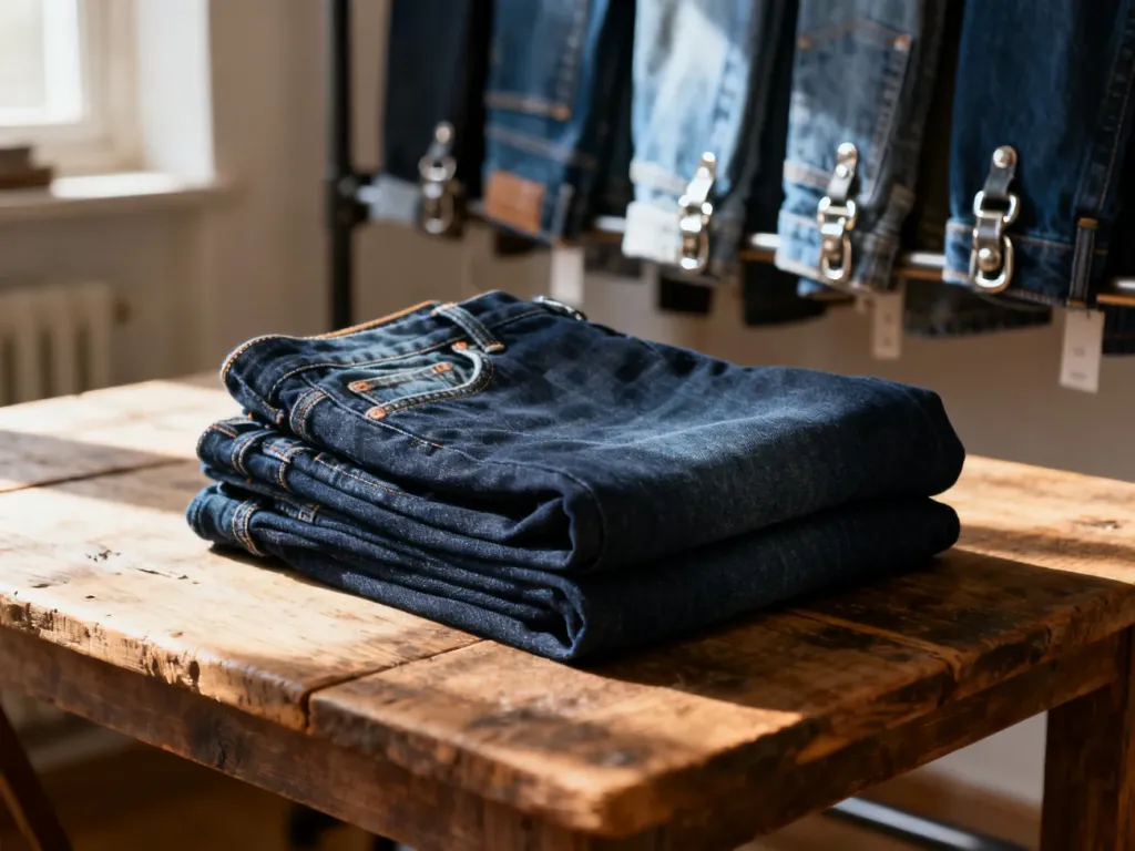 Złożone ciemnoniebieskie jeansy marki Cross Jeans na drewnianym stole, w tle rozmyty wieszak z odzieżą dżinsową.