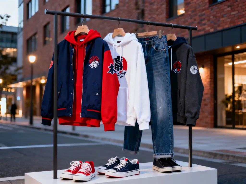 Stylowa odzież marki Superdry wyeksponowana na minimalistycznym wieszaku na tle nowoczesnej miejskiej ulicy.