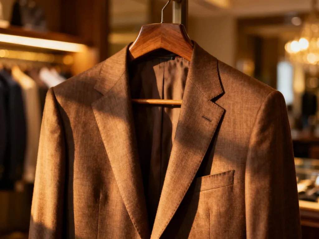 Elegancka męska marynarka marki Bytom zawieszona na drewnianym wieszaku w stylowym butiku.