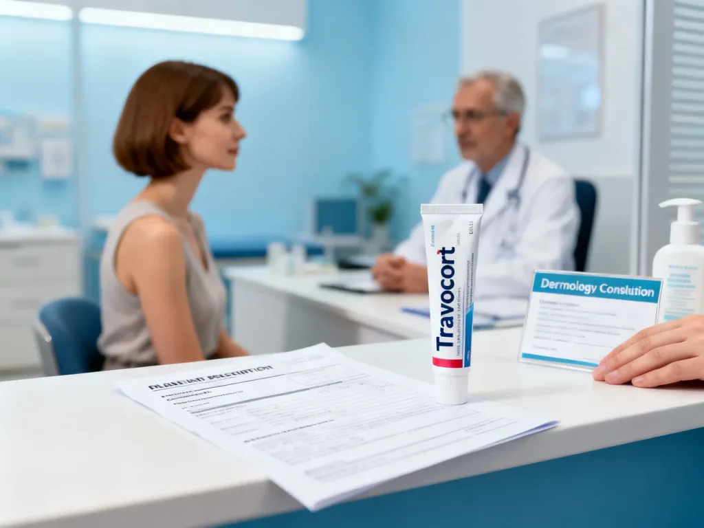 Tubka kremu Travocort z ulotką na ladzie aptecznej oraz rozmowa pacjentki z lekarzem w tle.