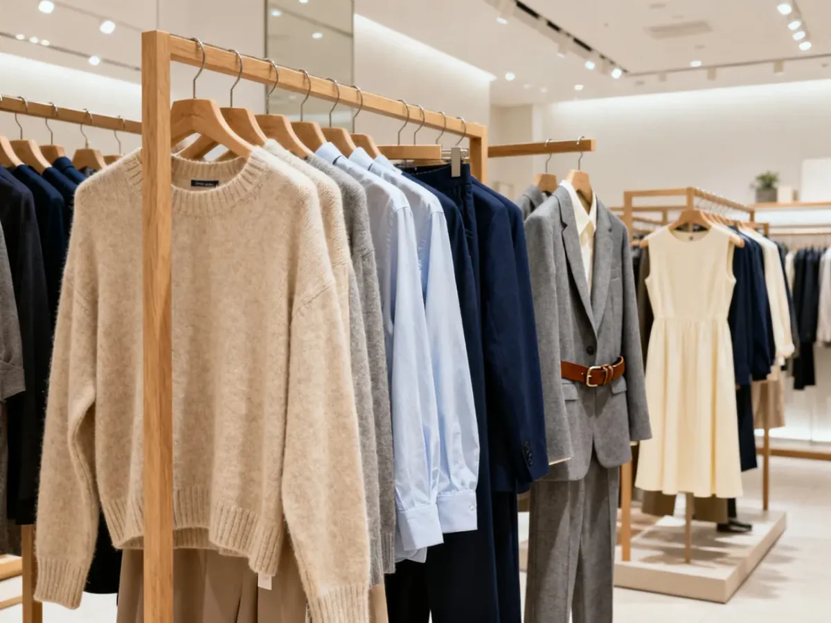 Minimalist smart-casual clothing display with women’s and men’s garments