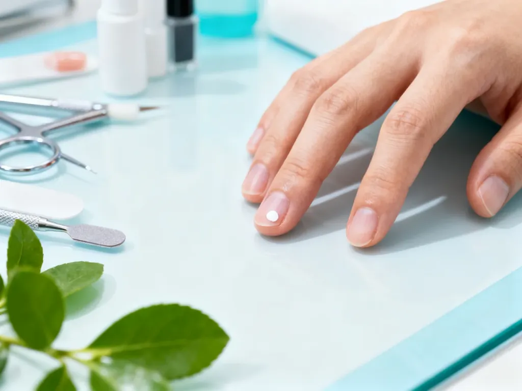 Zbliżenie na dłoń z widoczną białą plamką na paznokciu w gabinecie dermatologicznym. Ilustracja problemów z płytką paznokcia.