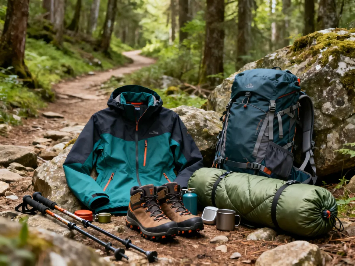 Odzież i sprzęt outdoorowy Alpinus przygotowane przy górskim szlaku