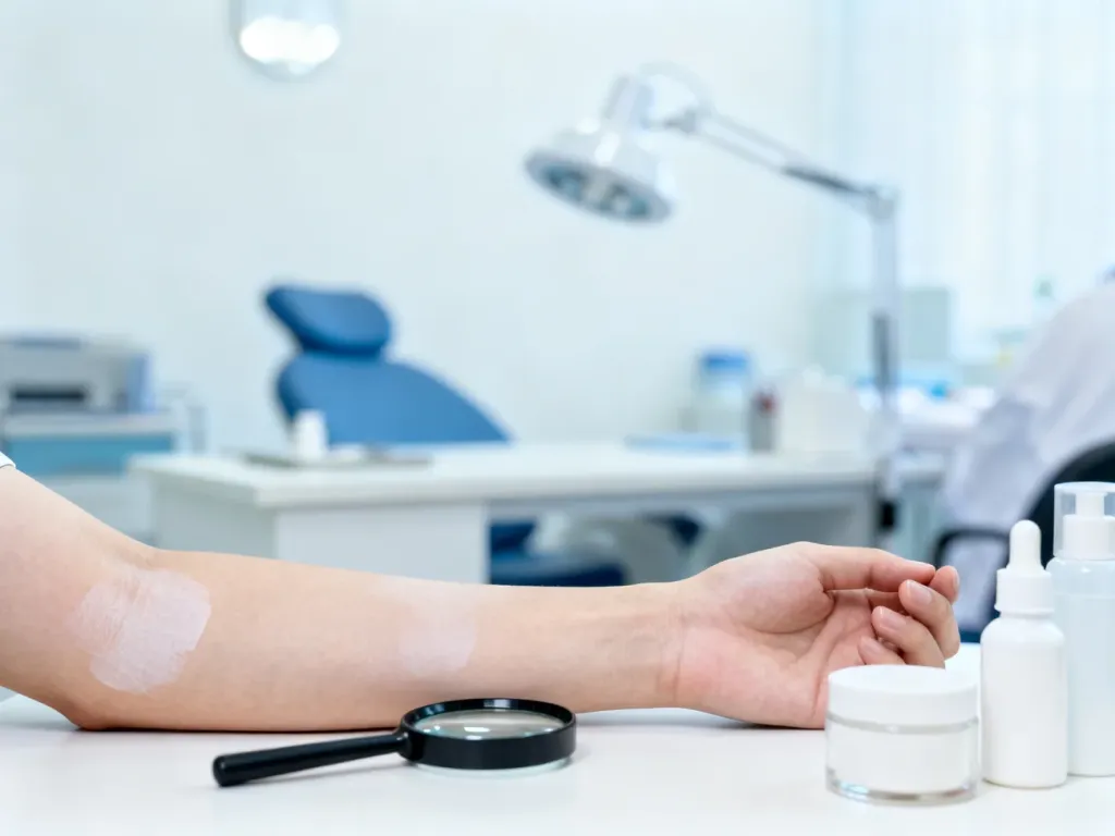 Ramię z widocznymi jasnymi plamami na skórze, obok lupa i produkty do pielęgnacji w profesjonalnym gabinecie dermatologicznym.